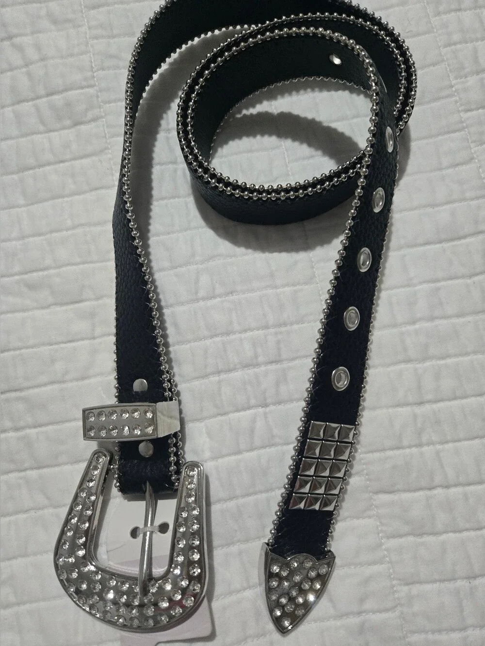Black Crystal Accent Women’s Belt with Silver Buckle
